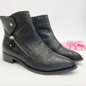 Napoleoni Italy Croc Embossed Leather Moto Zip Ankle Boots: Black